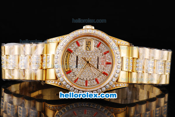 Rolex Day-Date Oyster Perpetual Automatic Full Gold with Diamond Dial and Red Marking - Click Image to Close